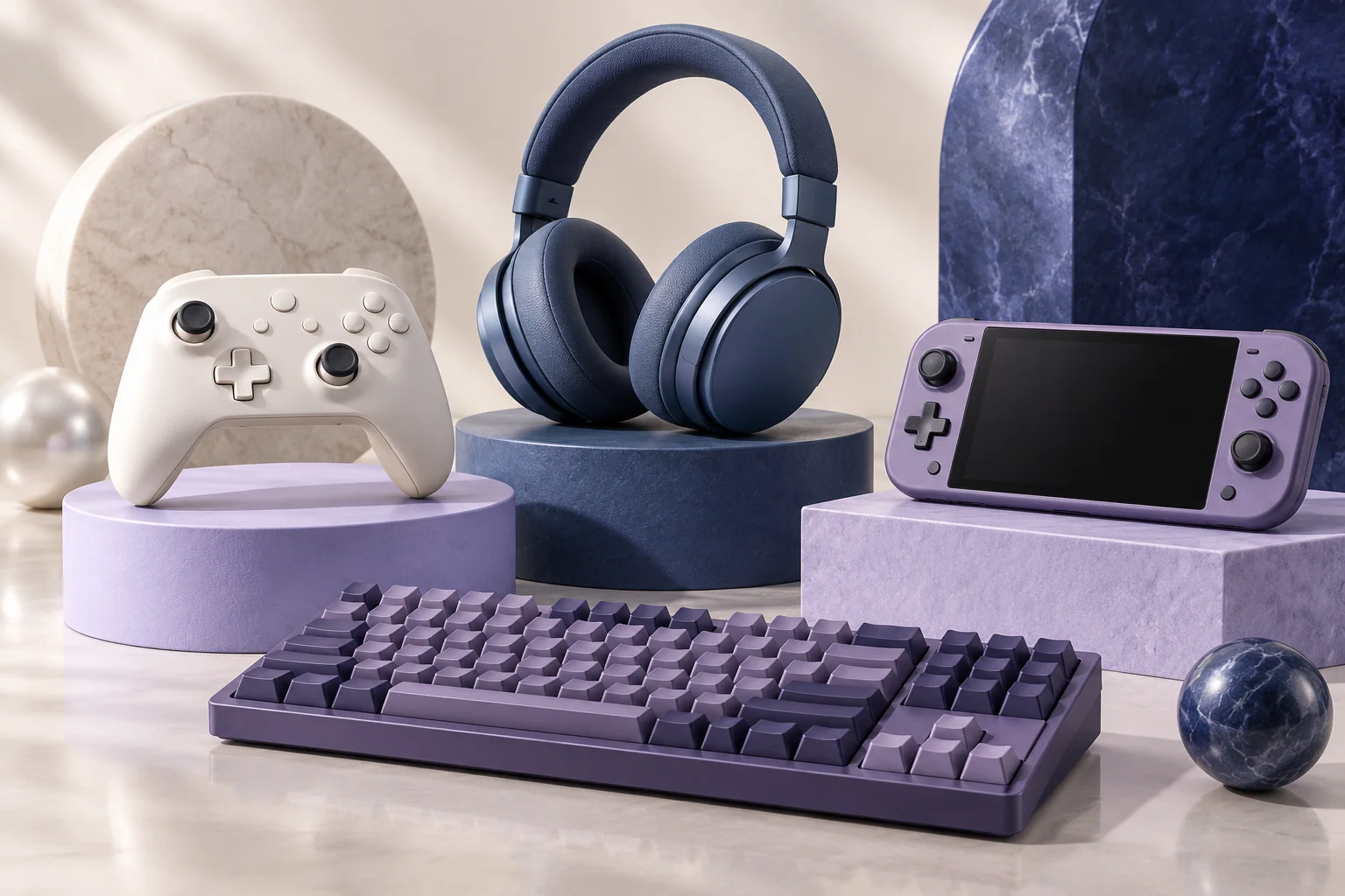 Composição conceptual de acessórios de videojogos em tons azul e lavanda